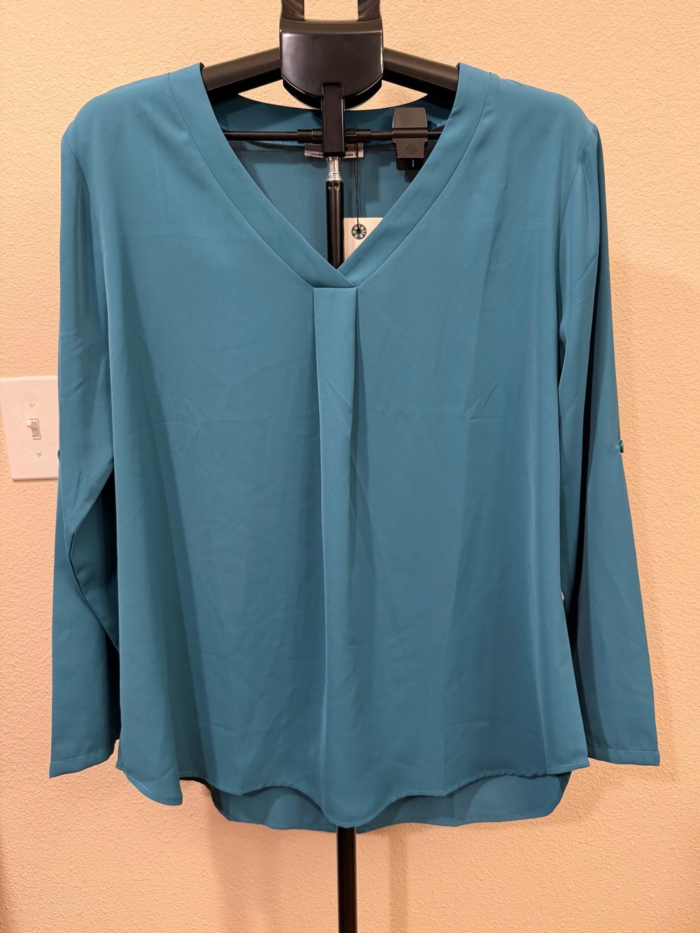 Pleated Teal Blue V Neck Blouse XL | Coastal Grandma Business Casual Minimalist